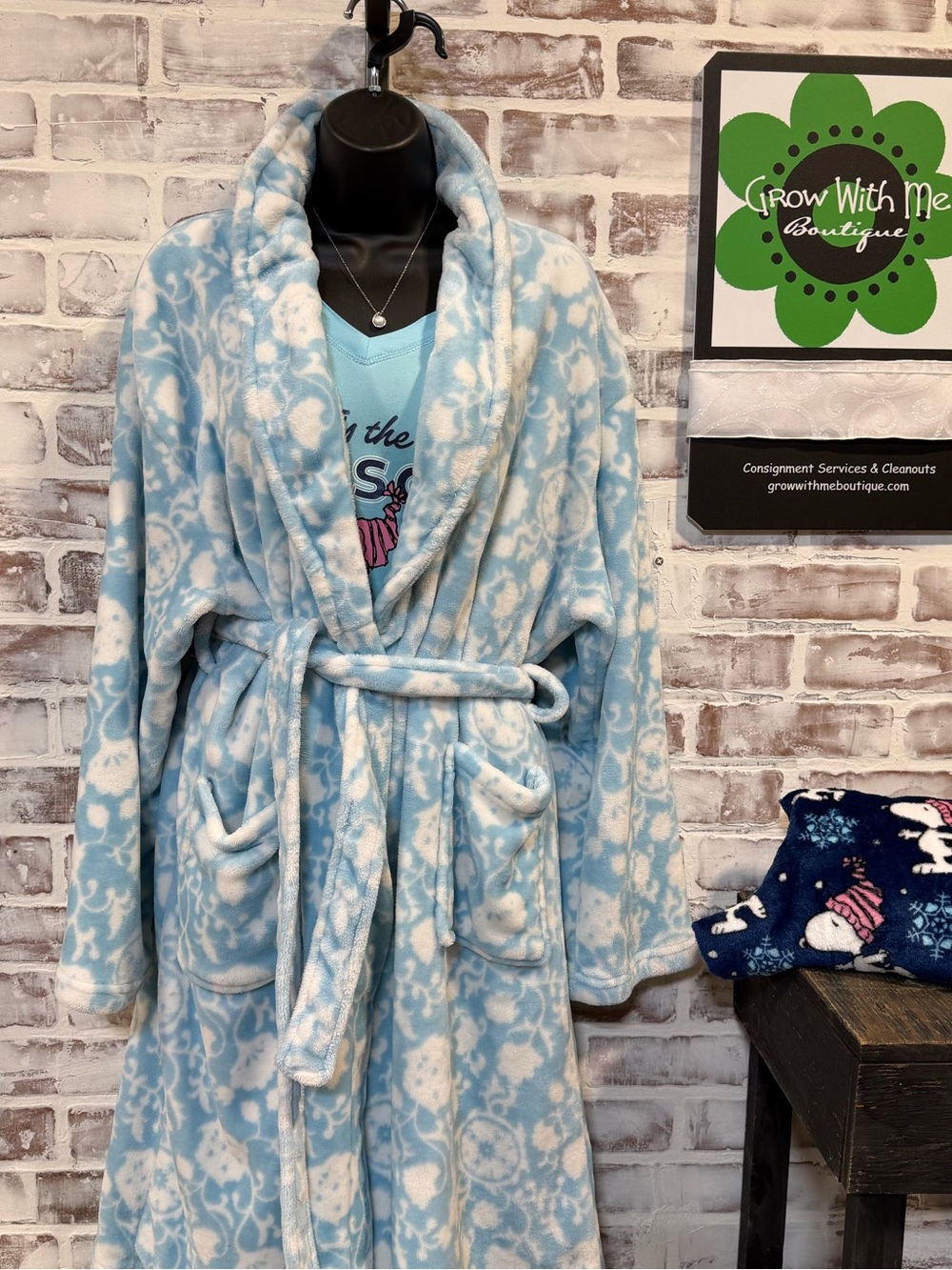 Plush Light Blue & White Floral Shawl-Collar Robe with Belt